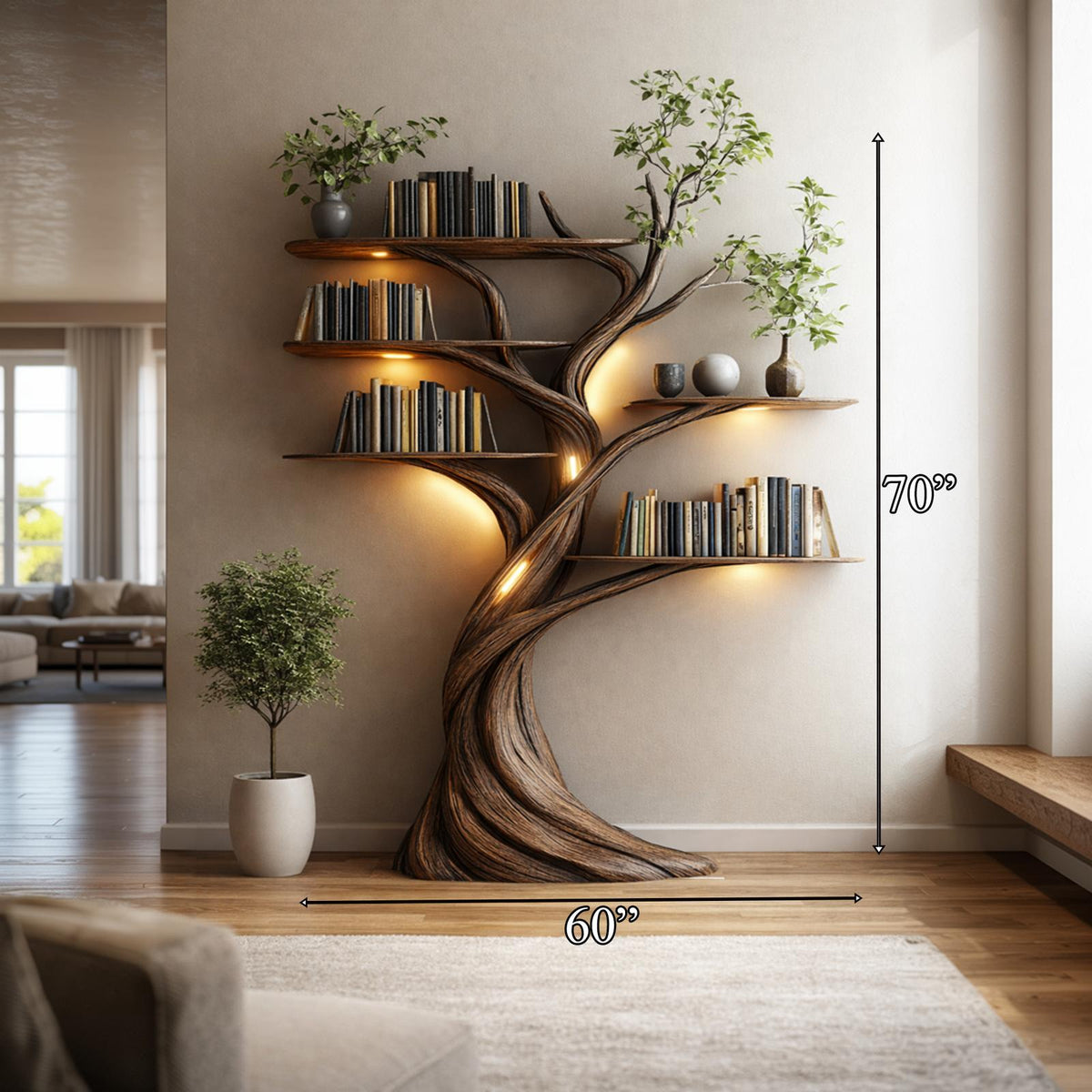 Rustic Tree Bookshelf Contemporary Living Room
