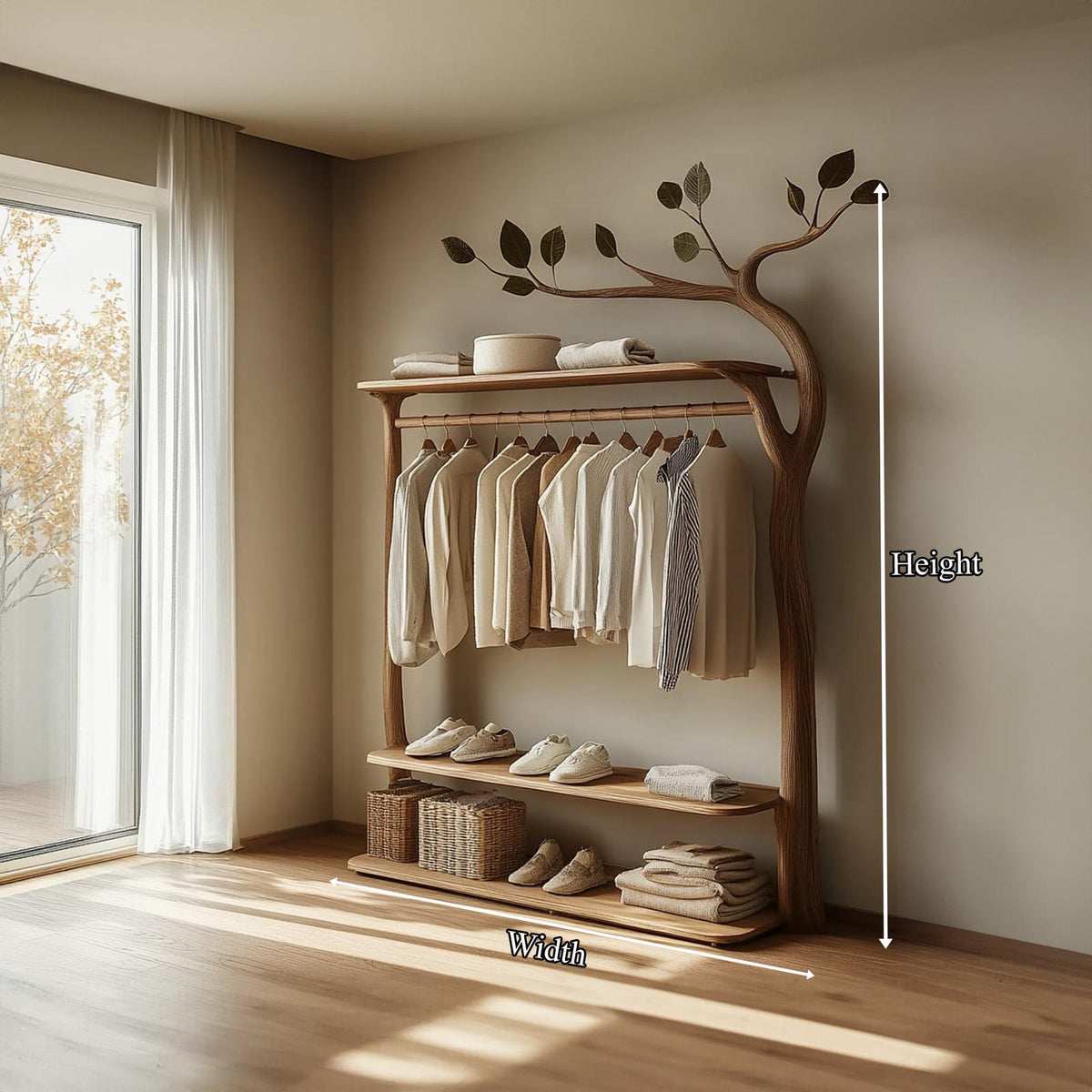 Rustic Wood Tree Wardrobe Rack, Handcrafted Solid Timber Clothes Hanging Organizer, Bedroom Free Standing Coat Rack