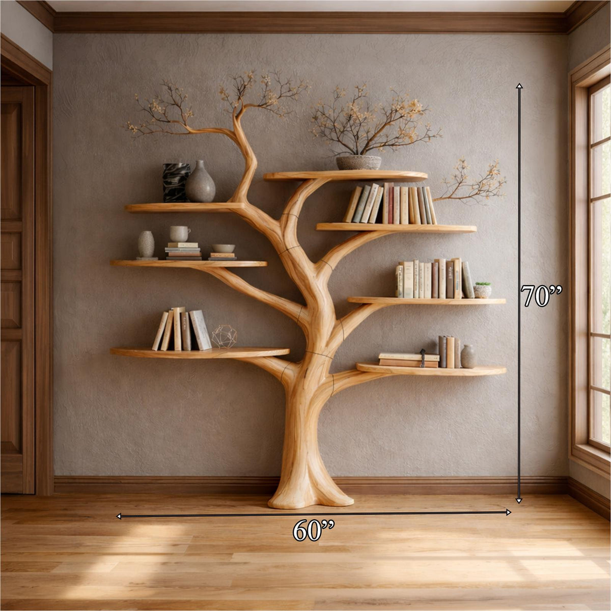Midcentury Sculptural Wood Tree Bookshelf, Handcrafted Wall Mounted Floating Branch Bookcase for Living Room Art