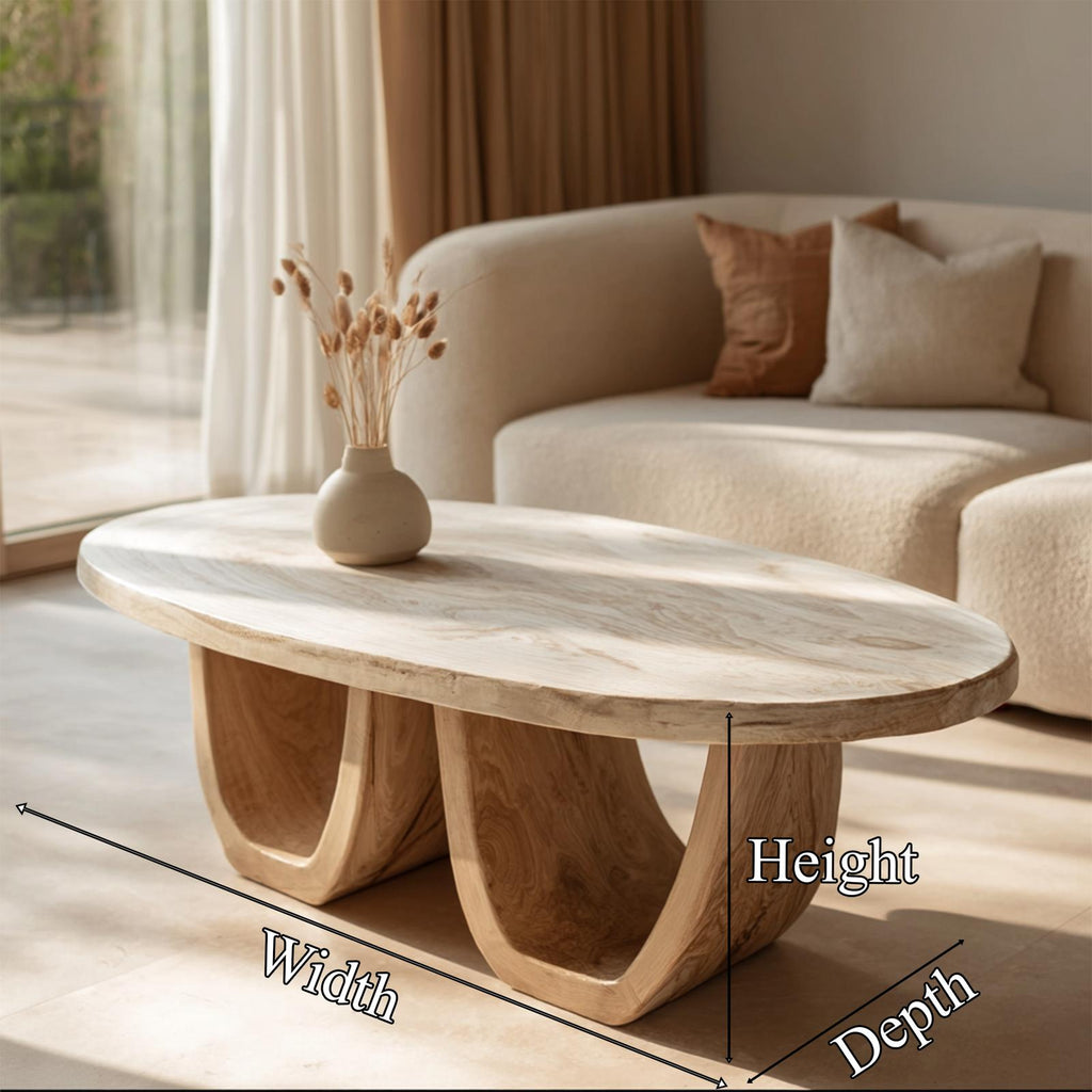 Elegant Oval Solid Wood Coffee Table Sculptural Twin Base Calm Modern Living Room Interior