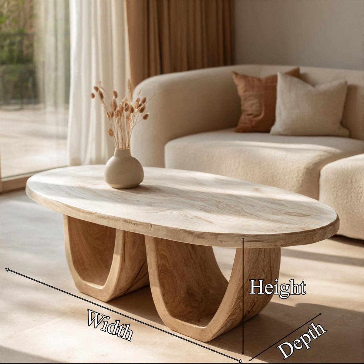 Elegant Oval Solid Wood Coffee Table Sculptural Twin Base Calm Modern Living Room Interior