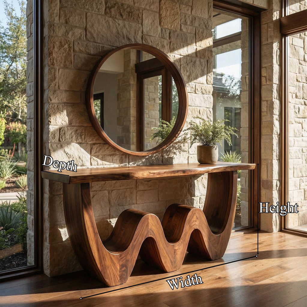 Rustic Triple Wave Wood Console Table, Sculptural Entryway, Hallway & Sofa Back Table