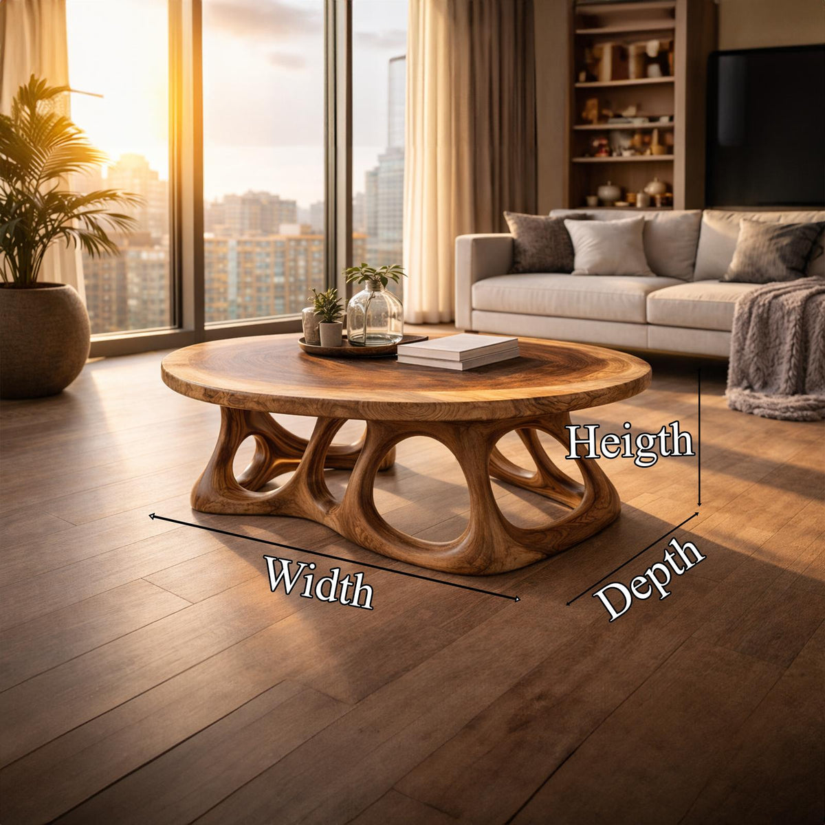 Round Sculpted Solid Wood Coffee Table, Organic Balance Accent Center Table for Modern Living Room Interior