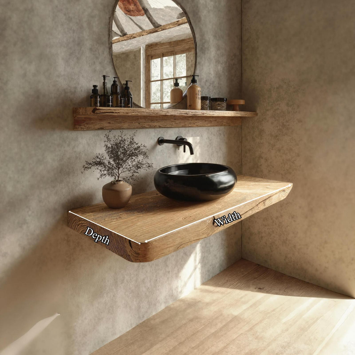 Rustic Floating Shelf, Natural Live Edge Solid Wood Bathroom Vanity Countertop, Single Sink Console Shelf