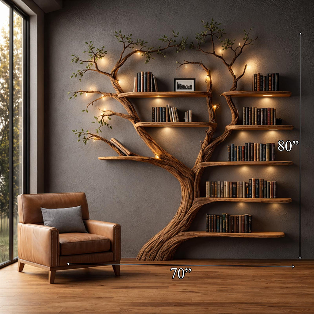 Rustic Organic Wood Tree Bookshelf, Handcrafted Wall Mounted Floating Branch Bookcase Wall Art Decor for Home