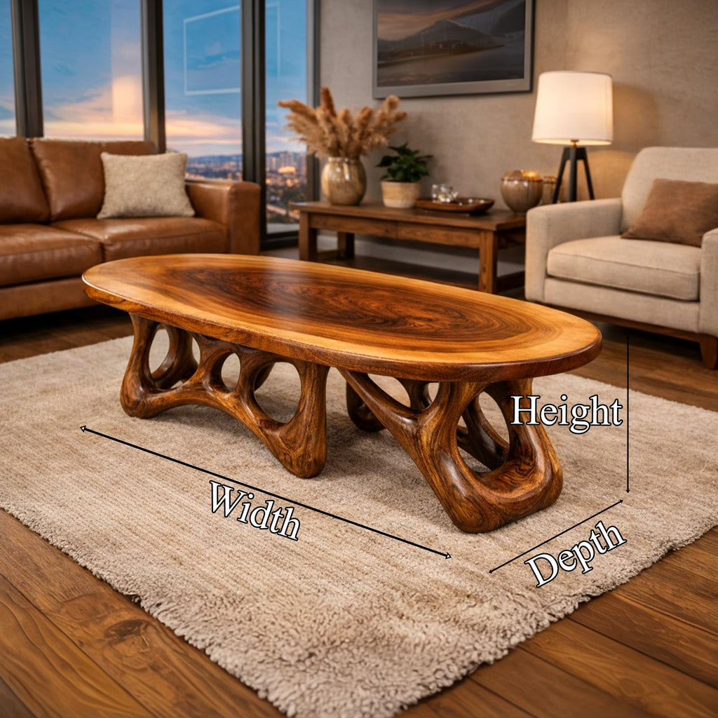 Sculpted Live Edge Solid Wood Coffee Table Organic Arch Silhouette Warm Contemporary Living Room Interior SINLKICF302
