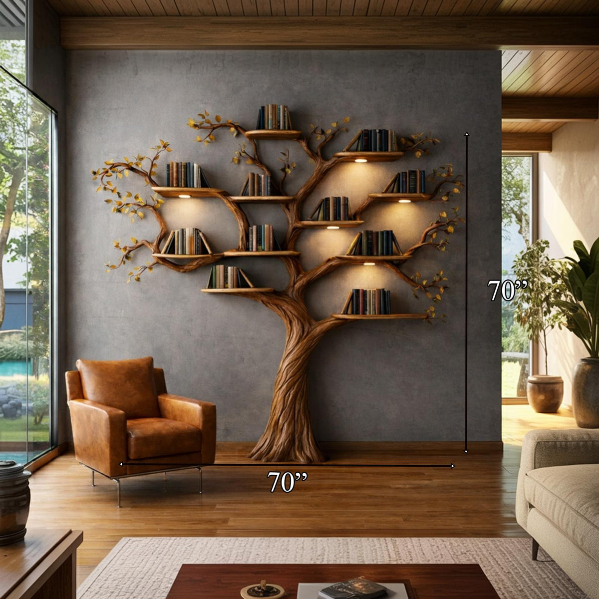 Rustic Wood Tree Bookshelf, Sculptural Handcrafted Wall Mounted Statement Branch Bookcase for Cozy Living Room