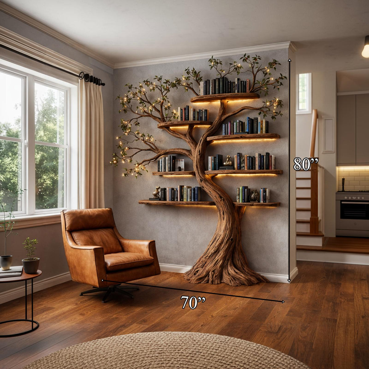 Rustic Artisan Wood Tree Bookshelf, Handcrafted Floating Branch Wall Mounted Statement Bookcase for Living Room