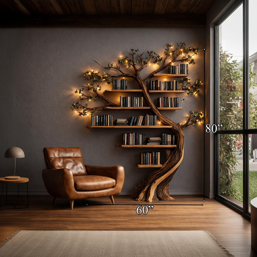 Rustic Tree Bookshelf, Solid Wood Handcrafted Floating Branch Wall Mounted Bookcase Storage for Living Room