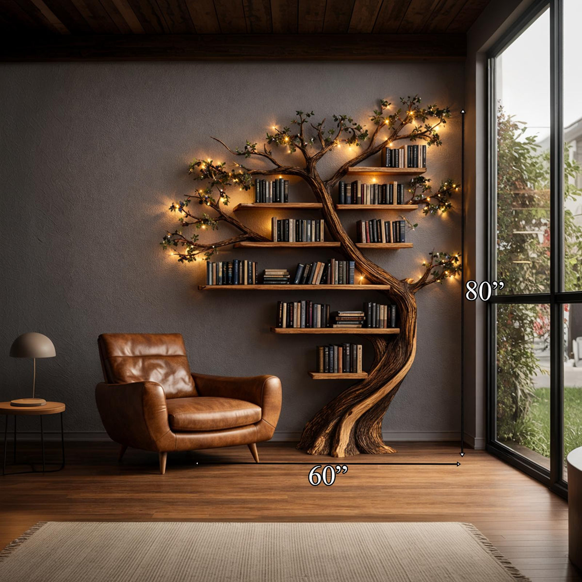 Rustic Tree Bookshelf, Solid Wood Handcrafted Floating Branch Wall Mounted Bookcase Storage for Living Room