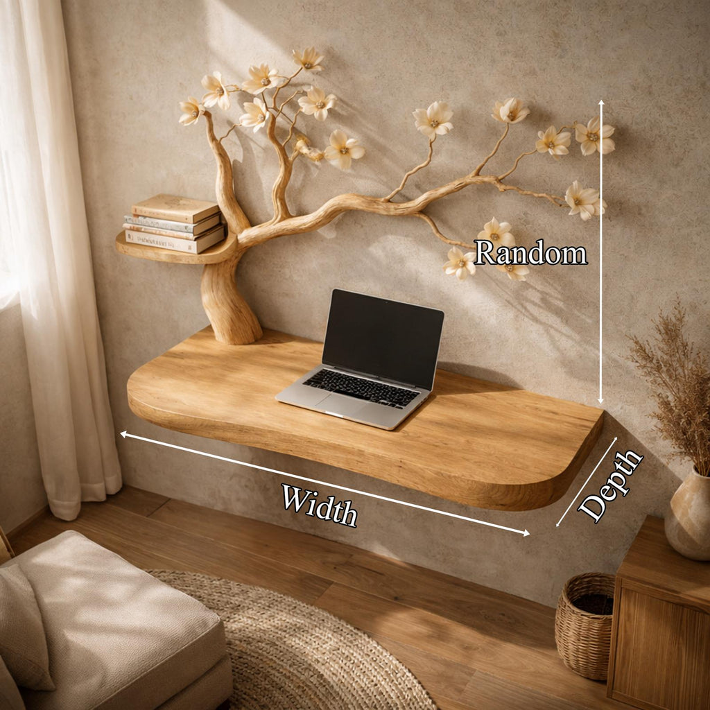 Organic Artistic Floating Desk With Floral Tree Sculpture For Home Office