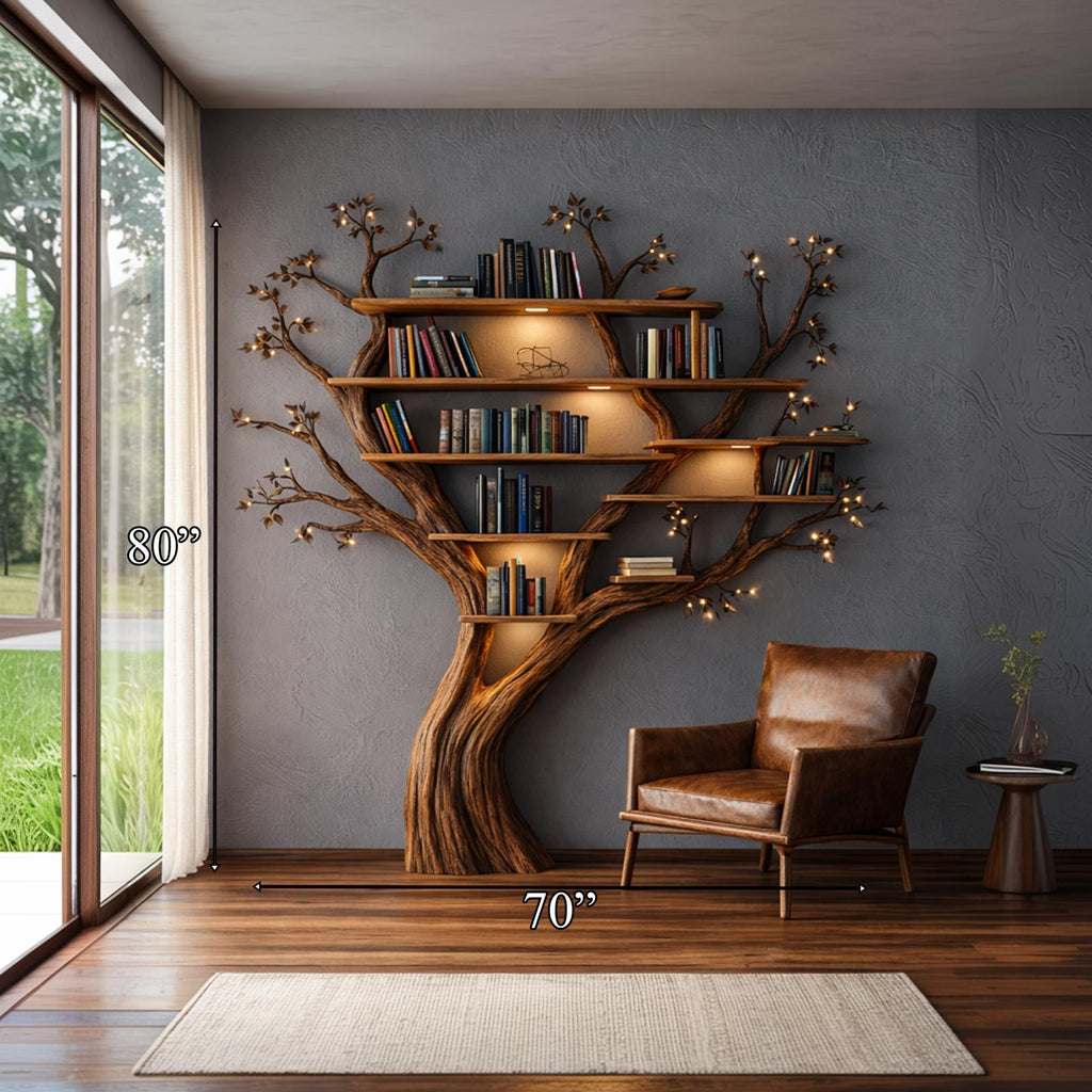 Nature Inspired Handcrafted Tree Bookshelf Living Room Interior Biophilic Wall Feature