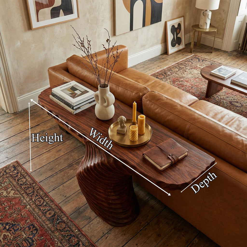 Rustic Ribbed Sculptural Console Table, Solid Wood Sofa Back & Entryway Accent Table for Living Room