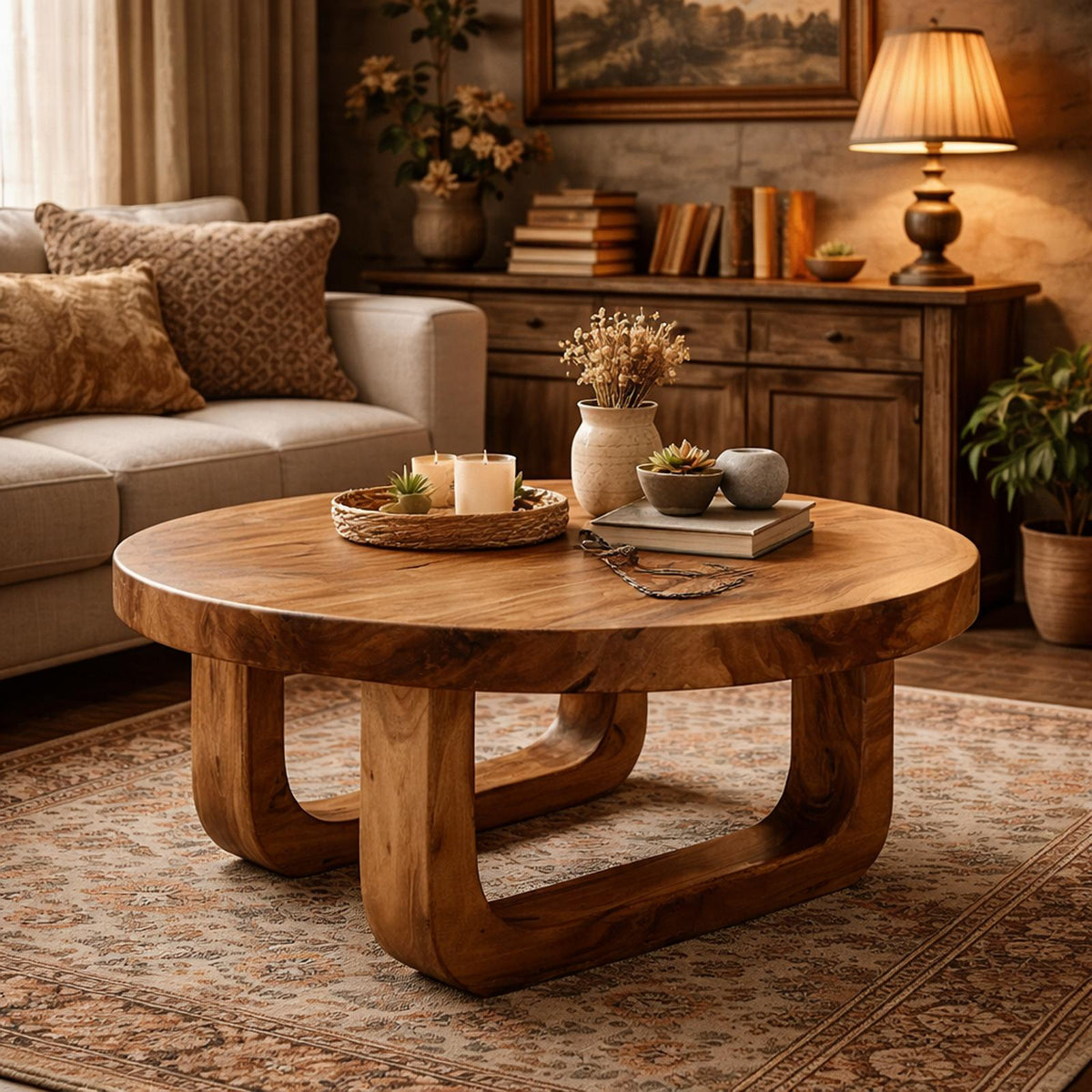 Spry Interior Rounded Base Solid Wood Coffee Table, Soft Minimalist Center Table for Cozy Modern Living Room Interior, SINLKICF318