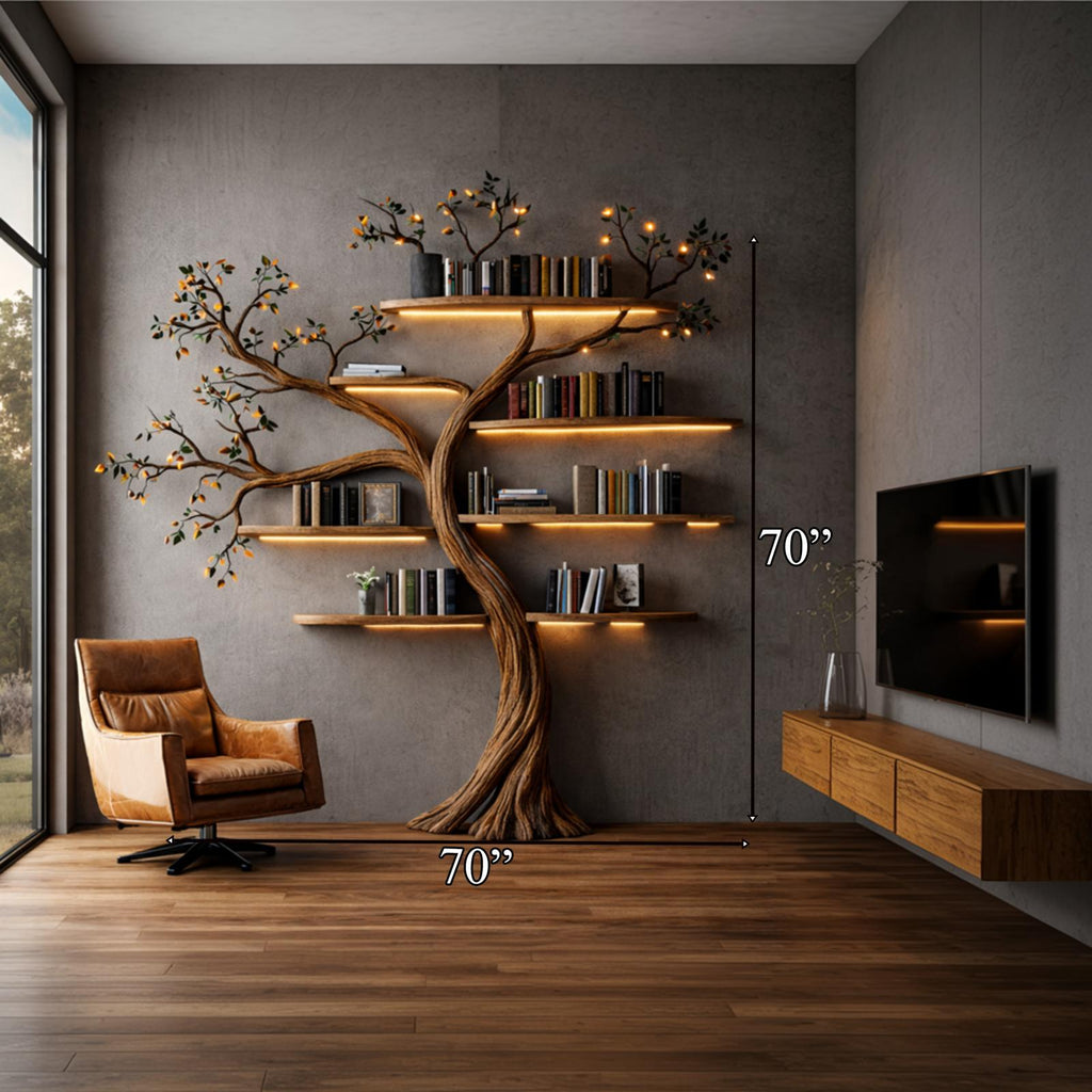 Sculptural Solid Wood Tree Bookshelf, Architectural Wall Floating Branch Display Bookcase for Living Room Art
