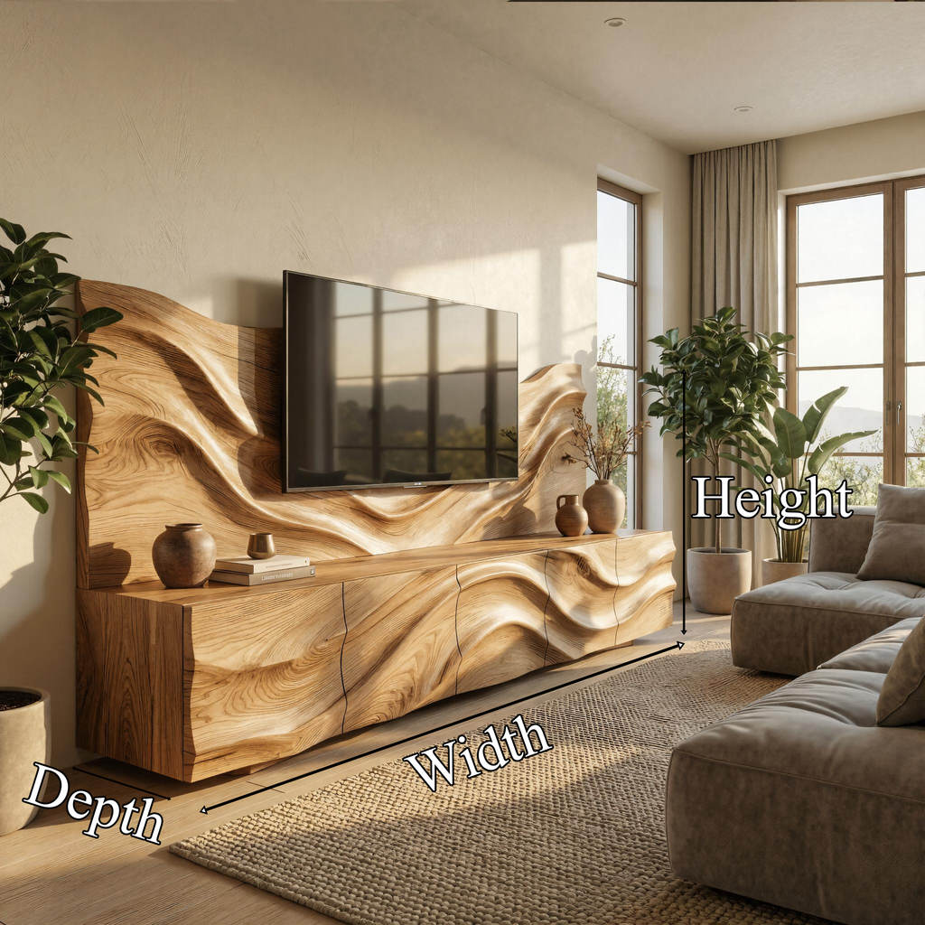 Scandinavian TV Cabinet & Slat Wood Wall Panel Set, Modern Entertainment Center for Living Room, Media Console