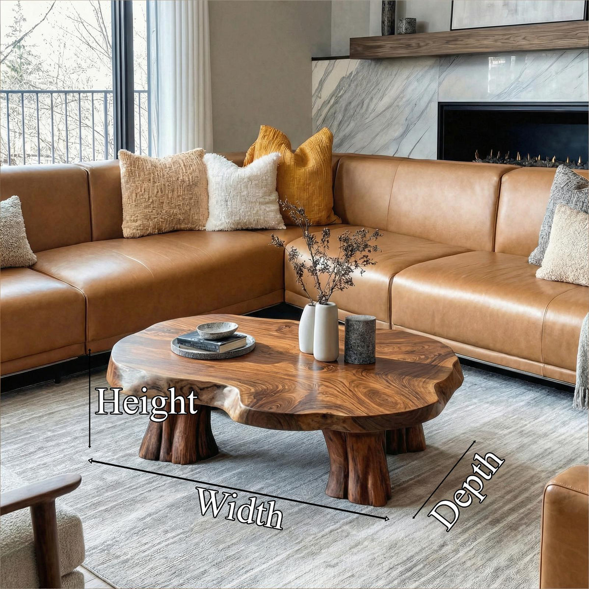 Organic Sculptural Solid Wood Coffee Table, Natural Live Edge Center Table for Living Room, Rustic Art Deco Accent