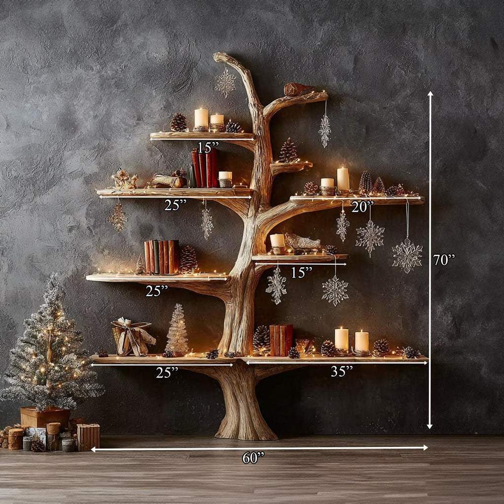 Rustic Tree Bookshelf Winter Living Room