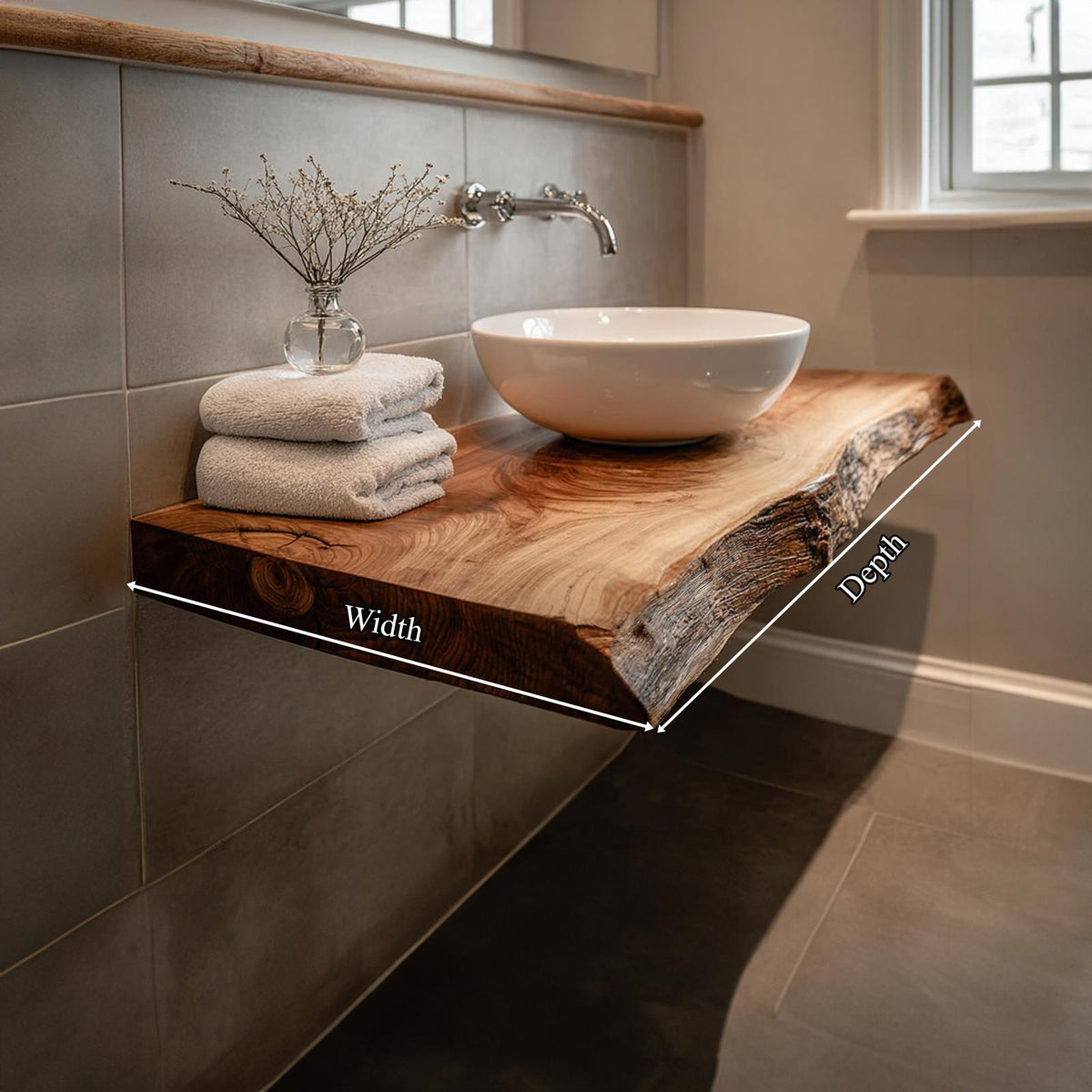 Teezano Rustic Live Edge Floating Shelf, Washroom Natural Solid Wood Wall Mounted Storage Shelf, Model SINLKIBRV165