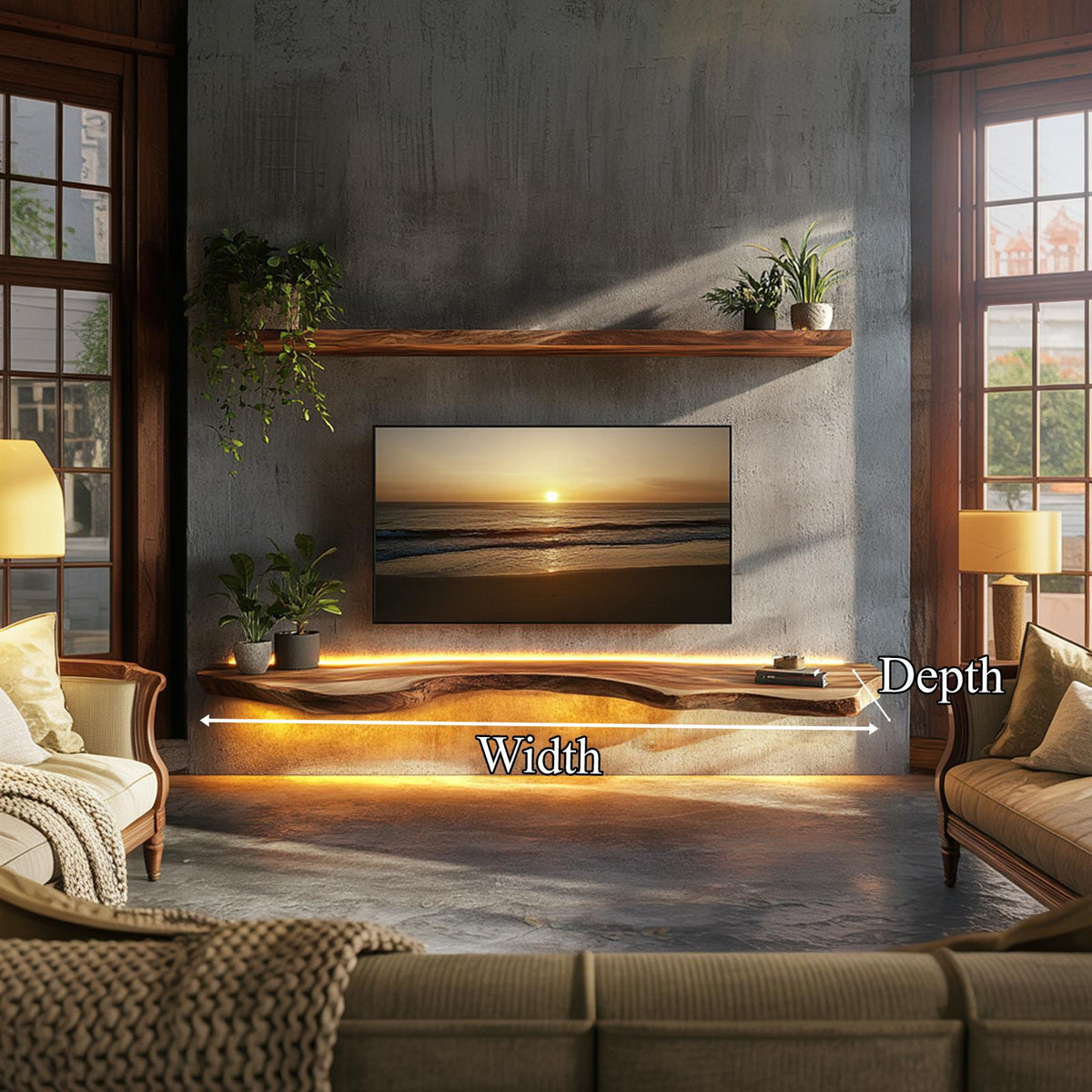 Illuminated Solid Wood Floating TV Shelf Modern Living Room Interior