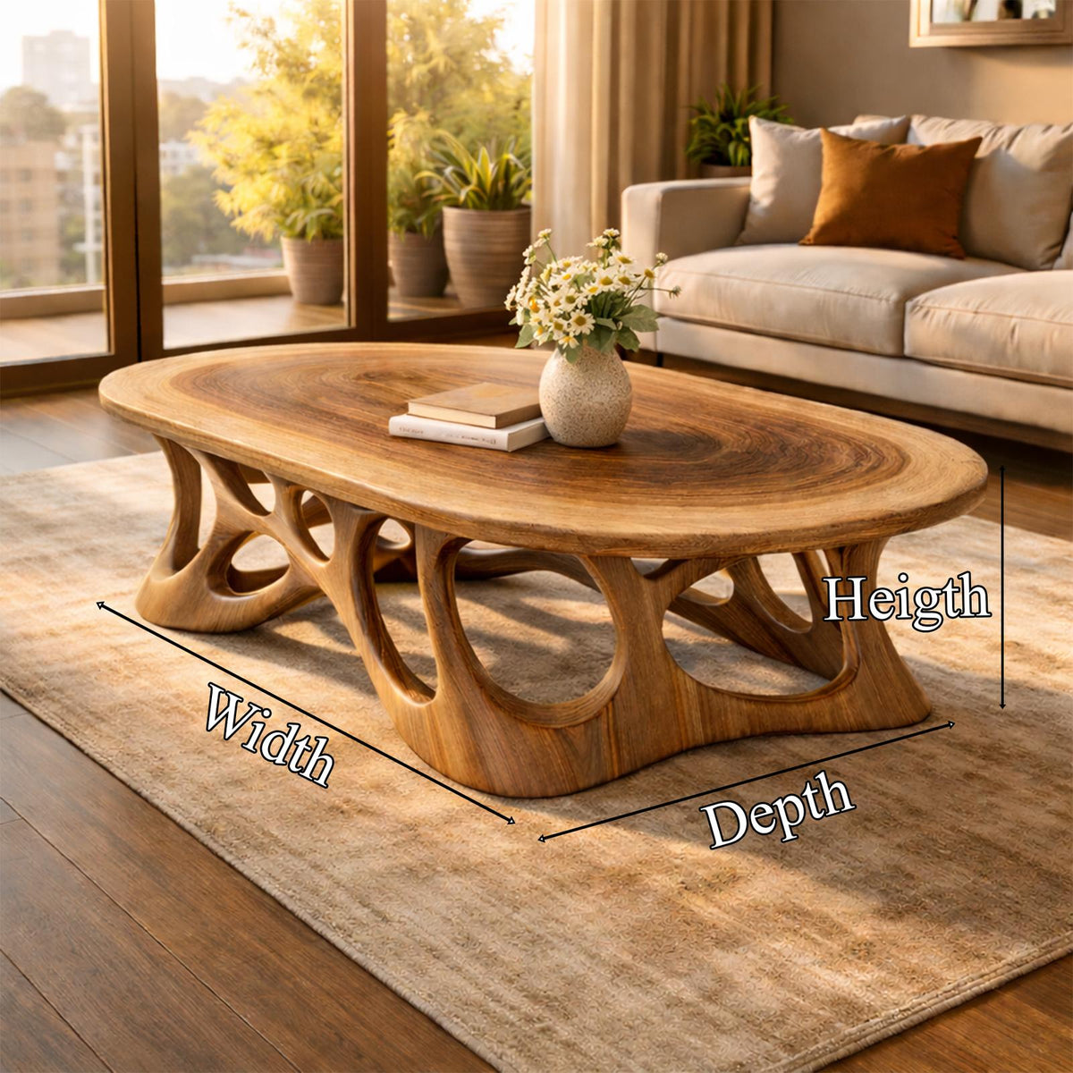 Sculpted Oval Solid Wood Coffee Table, Organic Flow Center Table for Mid-Century Modern Living Room Decor