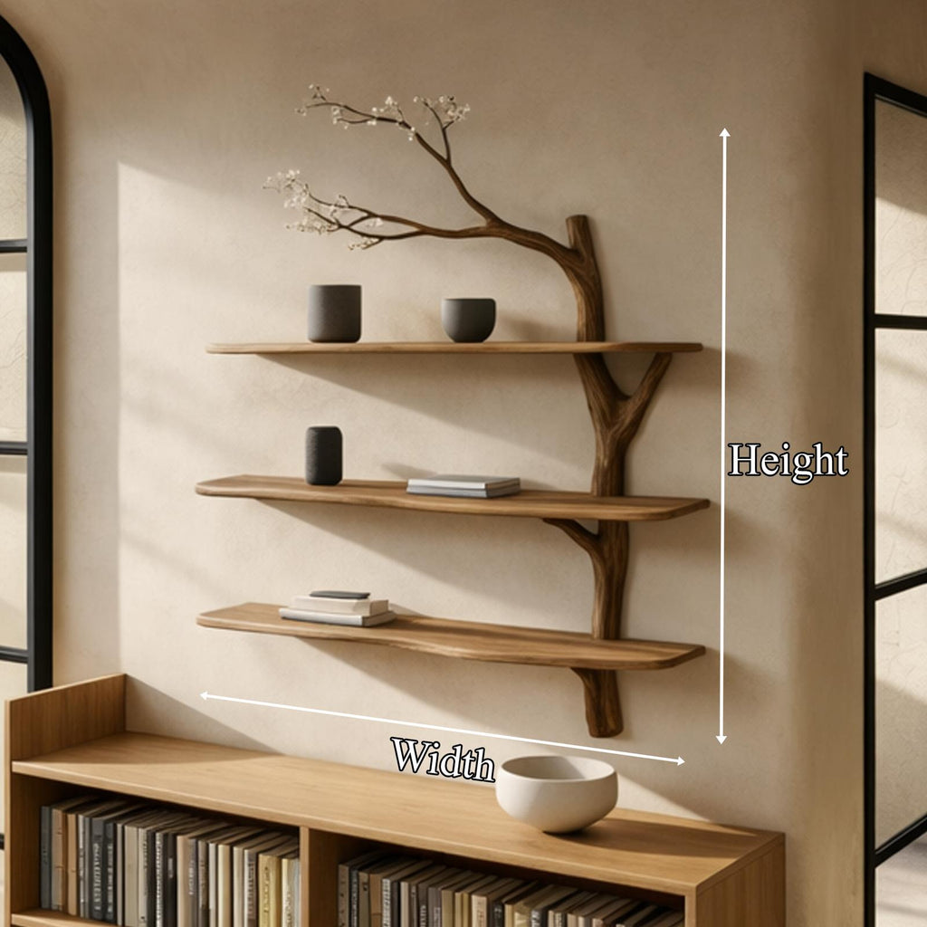 Rustic Tree Branch Wall Shelf, Sculptural Floating Solid Wood Shelves for Living Room & Bedroom, Natural Decor Accent