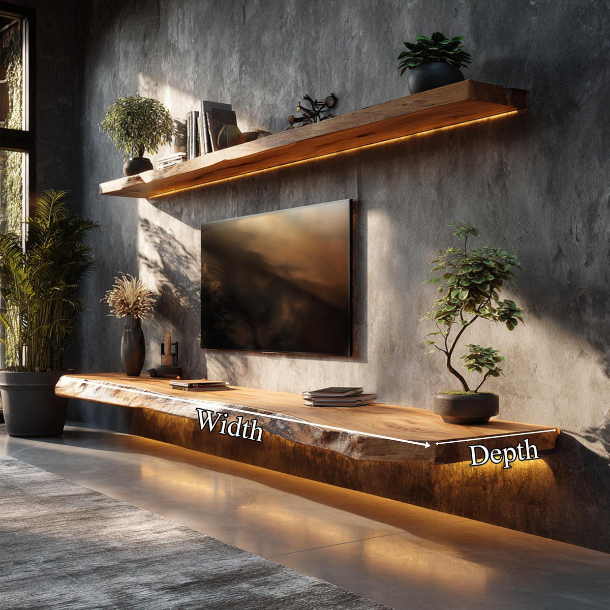 Handcrafted Live Edge Media Shelf Solid Wood Living Room Interior Architectural Feature