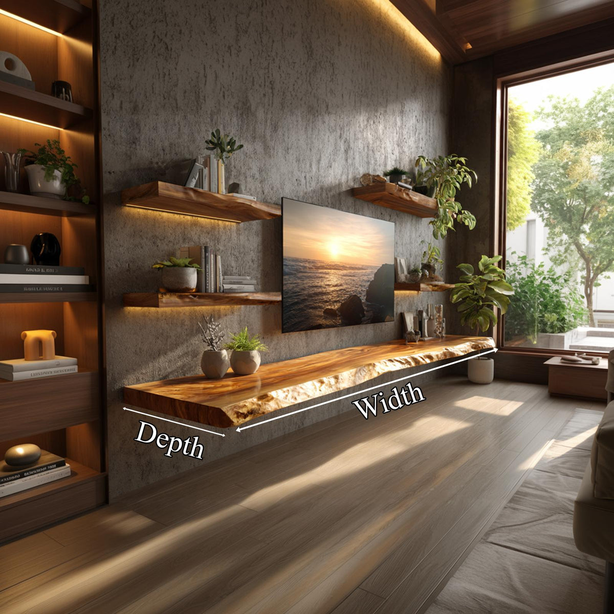 Rustic Artistic Live Edge Floating TV Shelf Solid Wood Living Room Interior Signature Furniture