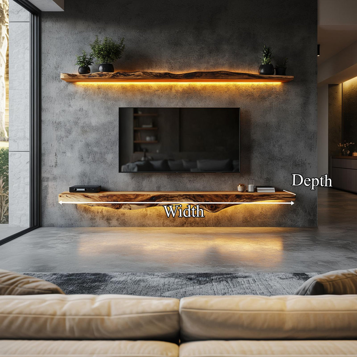 Rustic Artistic Live Edge Floating TV Shelf Solid Wood Living Room Interior Signature Furniture