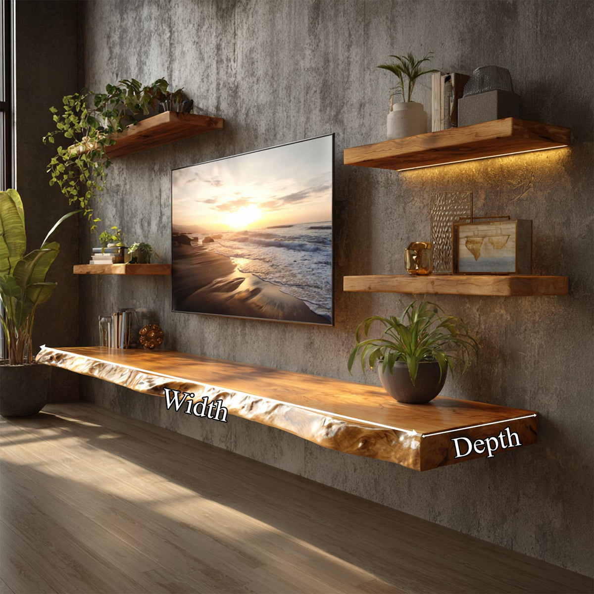 Rustic Organic Floating TV Shelf Solid Wood Living Room Interior Entertainment Display