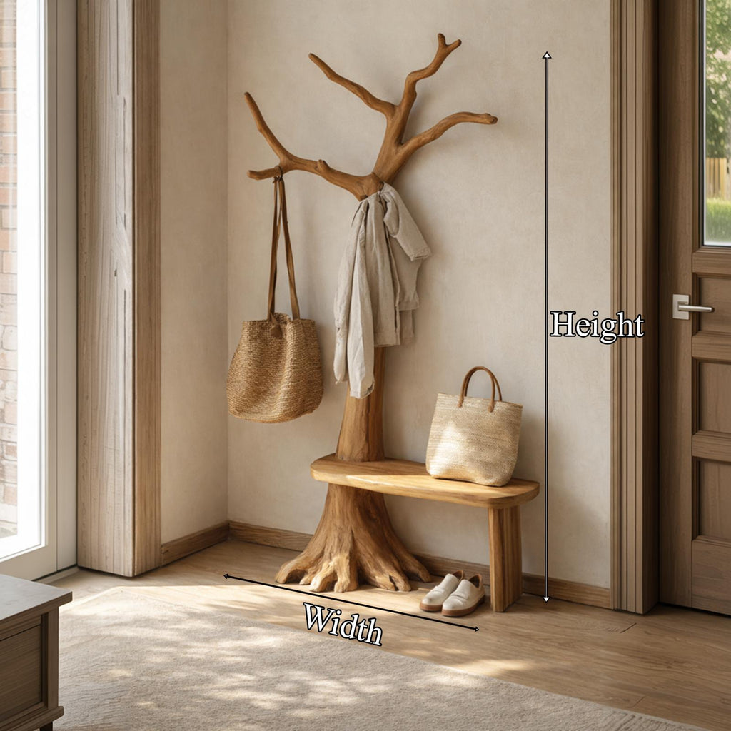 Rustic Artistic Wooden Tree Coat Stand Bench Solid Wood Entryway Interior Signature Furniture