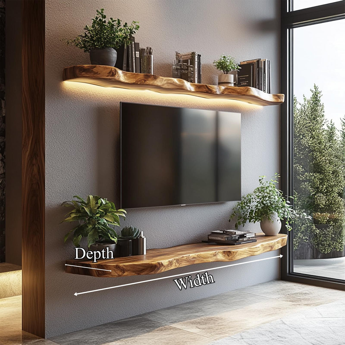 Rustic Handcrafted Live Edge Media TV Shelf Solid Wood Living Room Interior Statement Decor