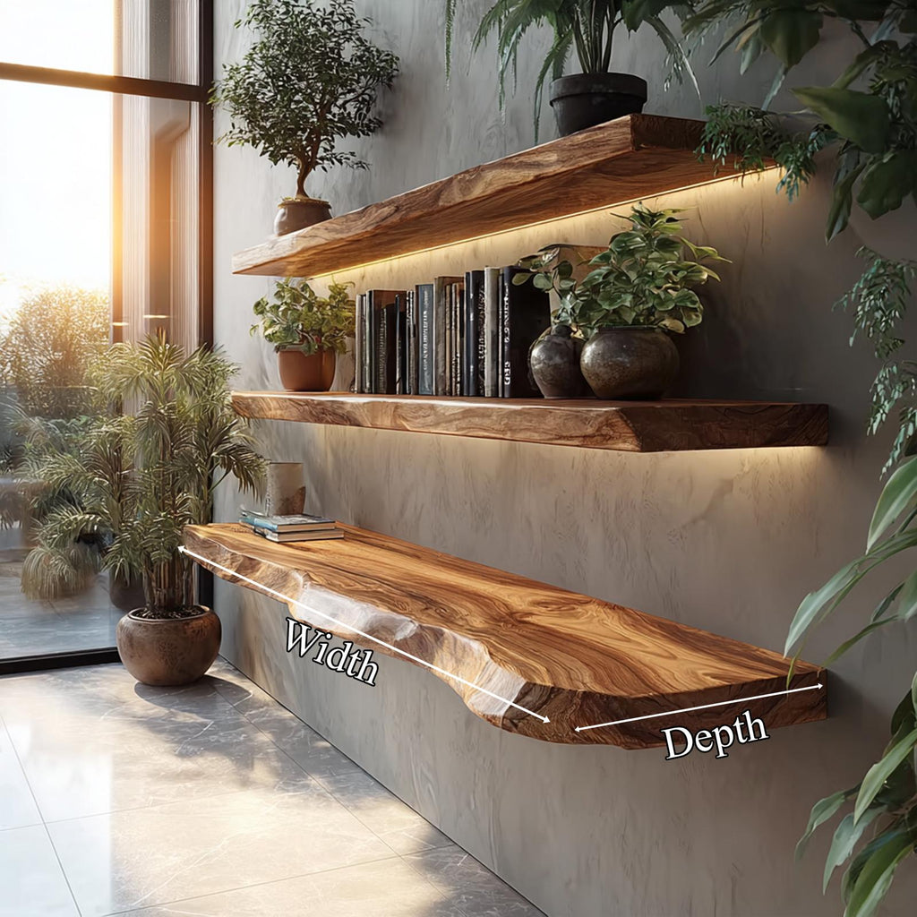 Rustic Handcrafted Live Edge Wall Shelves Solid Wood Living Room Interior Statement Feature