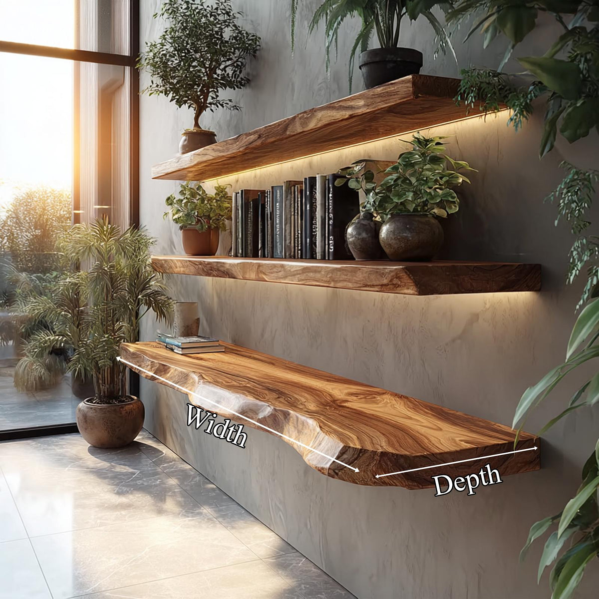 Rustic Handcrafted Live Edge Wall Shelves Solid Wood Living Room Interior Statement Feature