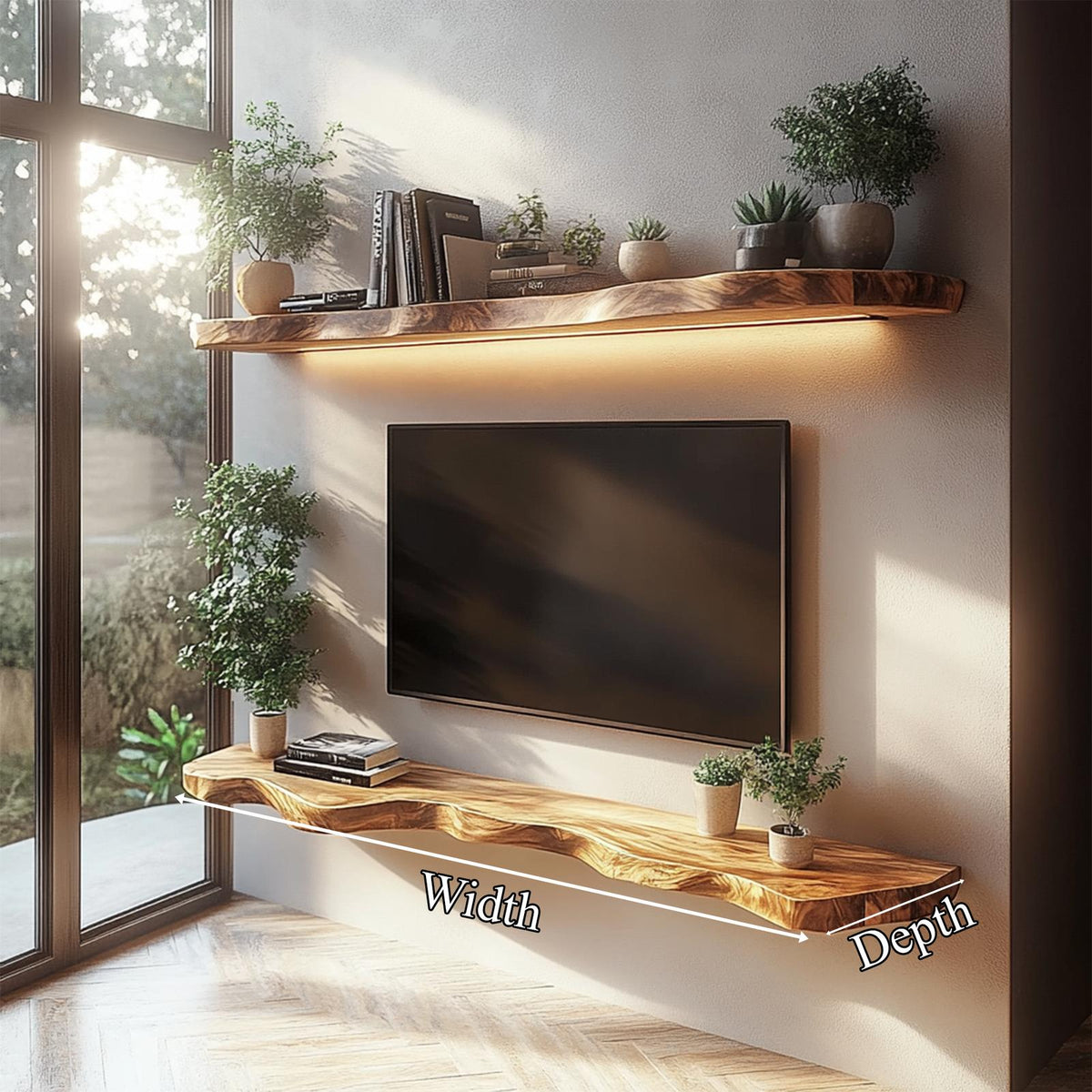 Rustic Sculptural Floating TV Console Shelf Solid Wood Living Room Interior Feature Furniture