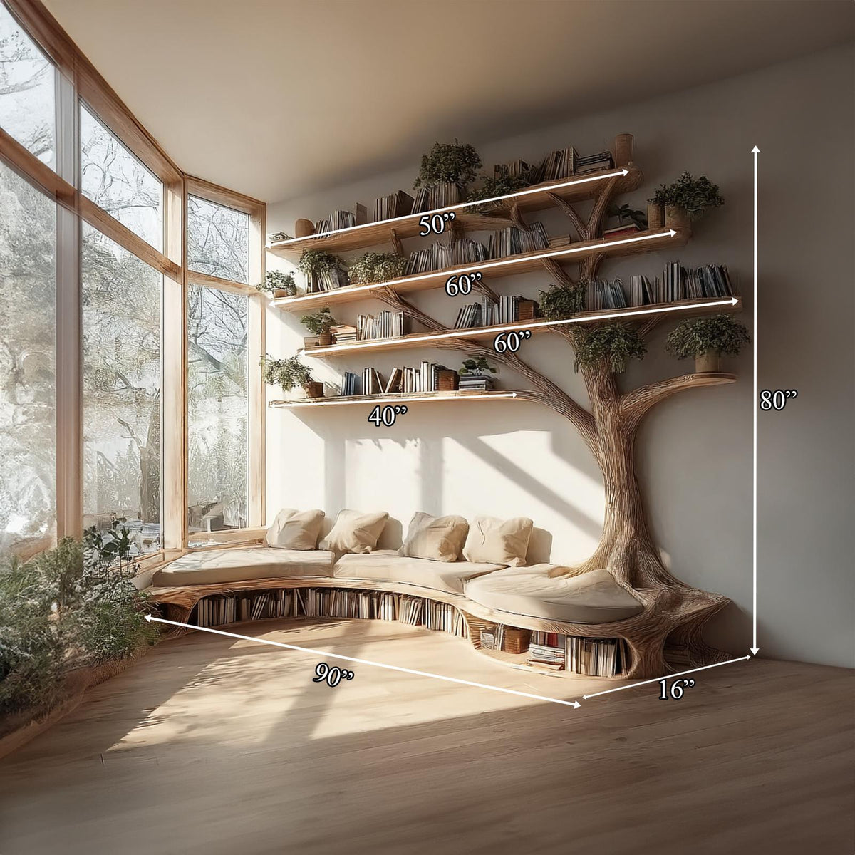 Rustic Tree Bookshelf Seating Home Office