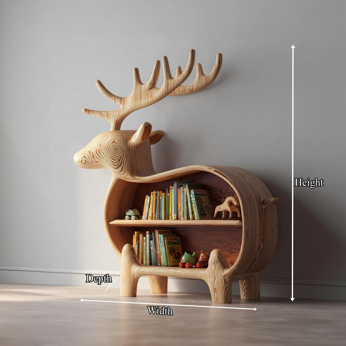 Spry Interior Rustic Wooden Deer Bookshelf, Creative Animal Shape Kids Bookcase, Solid Timber Nursery Display Storage Cabinet SINLKISC103