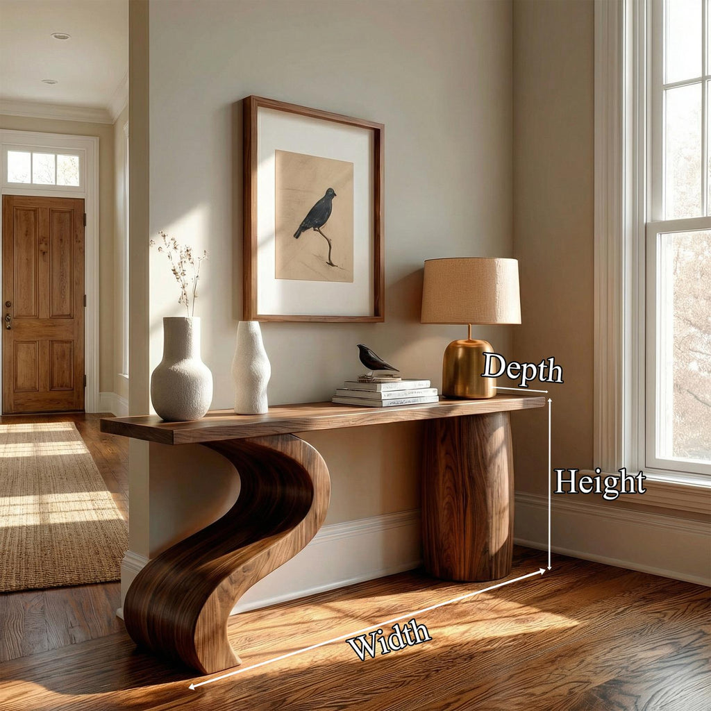 Contemporary Wave Base Wood Console Table, Sculptural Entryway, Hallway & Sofa Back Table