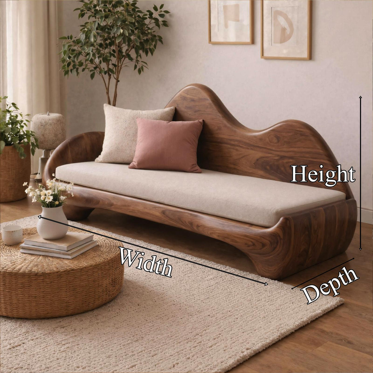 Modern Sculptural Wood Sofa Living Room Organic Curved Wooden Couch