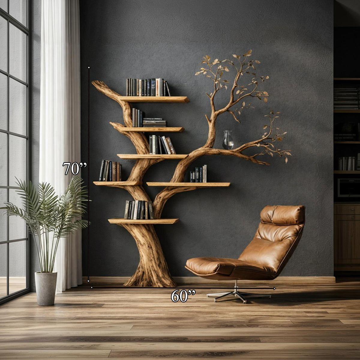 Handcrafted Solid Wood Tree Bookshelf, Unique Sculptural Wall Mounted Floating Branch Bookcase Statement Piece