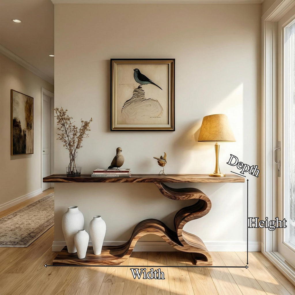 Sculptural S-Curve Wood Console Table, Handcrafted Sofa Back & Entryway Accent Table