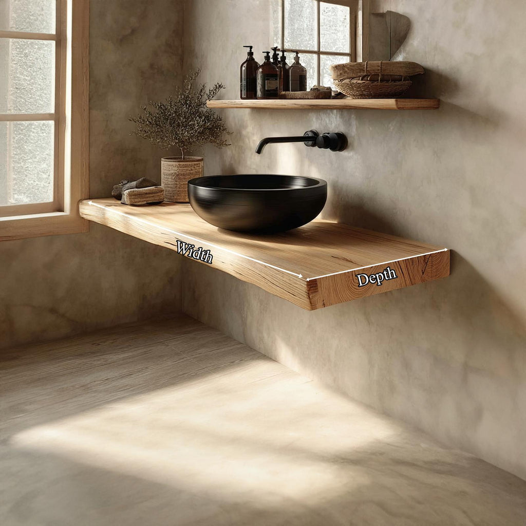 Mid-Century Floating Shelf, Natural Edge Solid Wood Bathroom Vanity, Single Sink Washroom Wood Countertop
