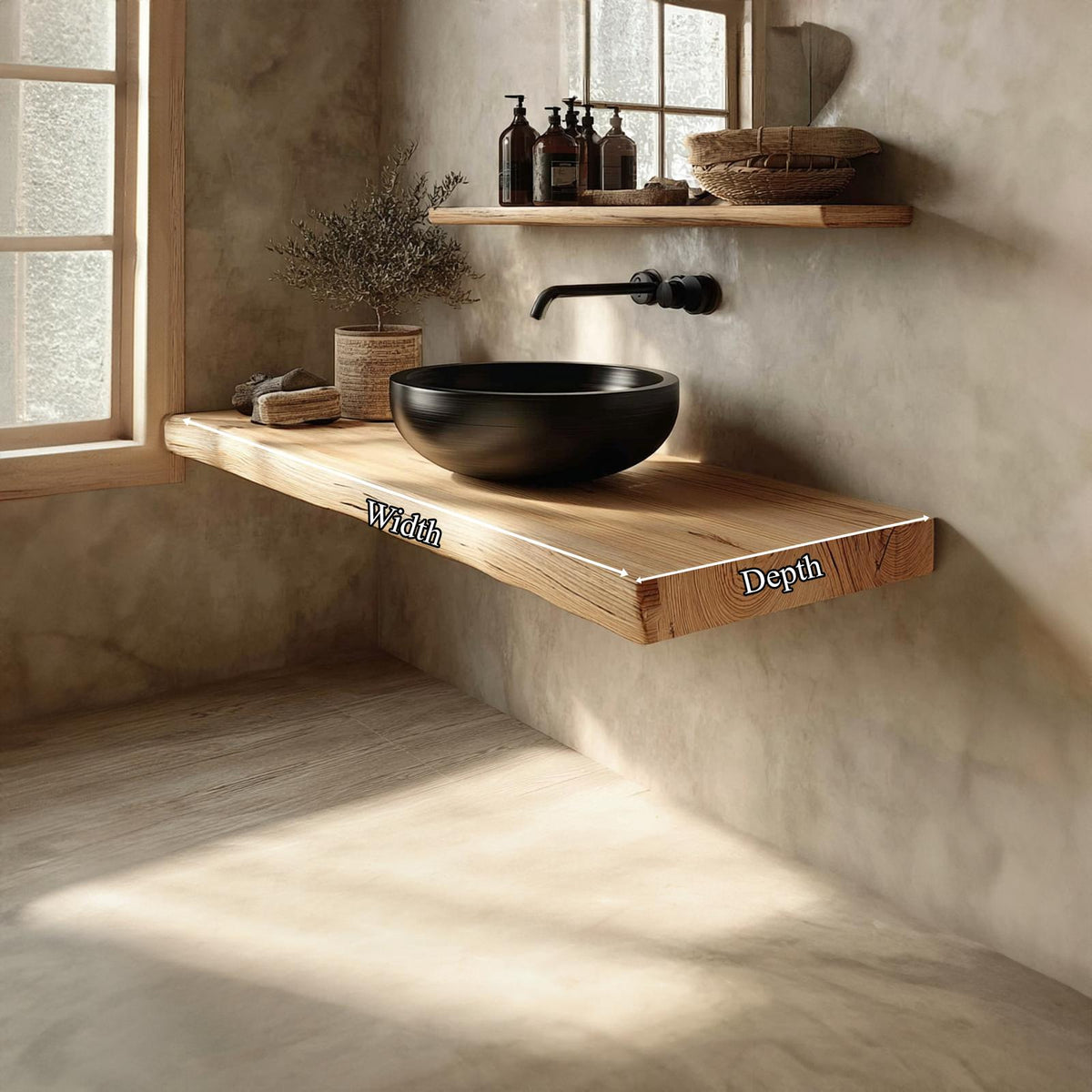 Mid-Century Floating Shelf, Natural Edge Solid Wood Bathroom Vanity, Single Sink Washroom Wood Countertop