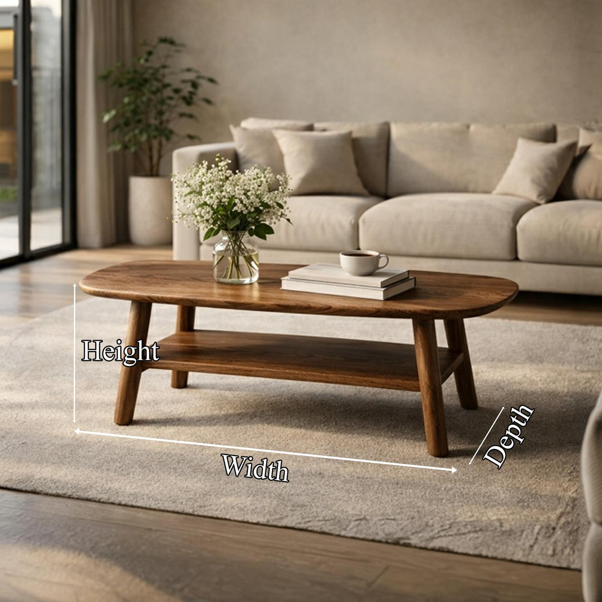 Mid-Century Solid Wood Coffee Table, Handcrafted Walnut Tone Modern Center Table for Living Room Interior Decor