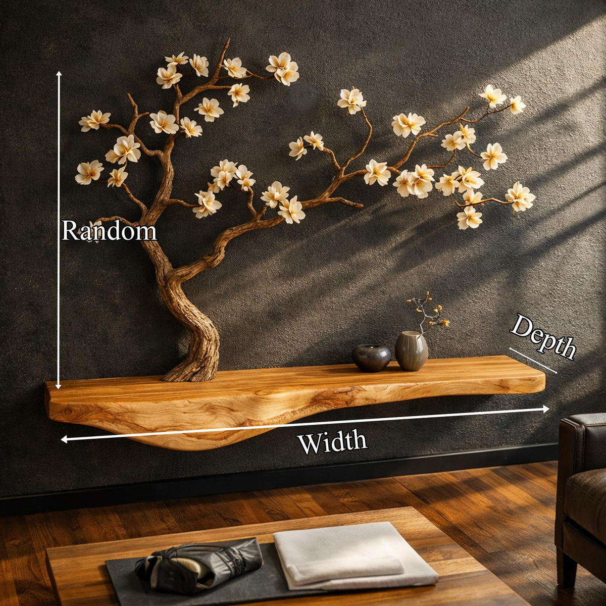 Rustic Tree-Inspired Solid Wood Wall Shelf, Organic Branch Decor Storage Unit for Japandi Style Rooms