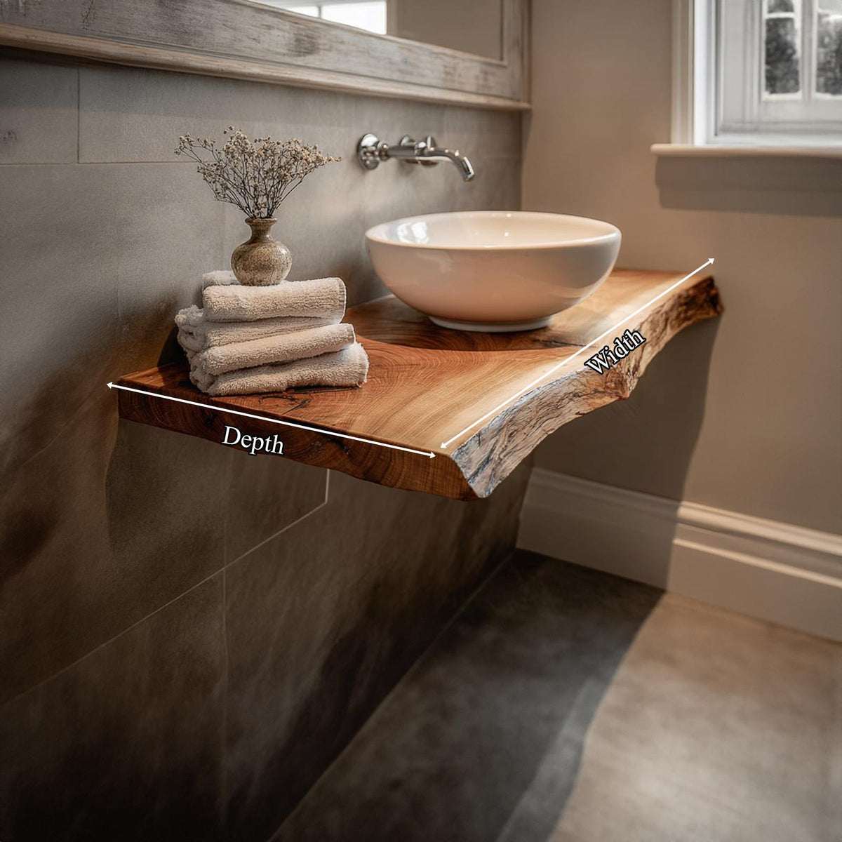 Teezano Mid Century Live Edge Floating Shelf, Powder Room Natural Solid Wood Wall Mounted Shelf, Model SINLKIBRV169