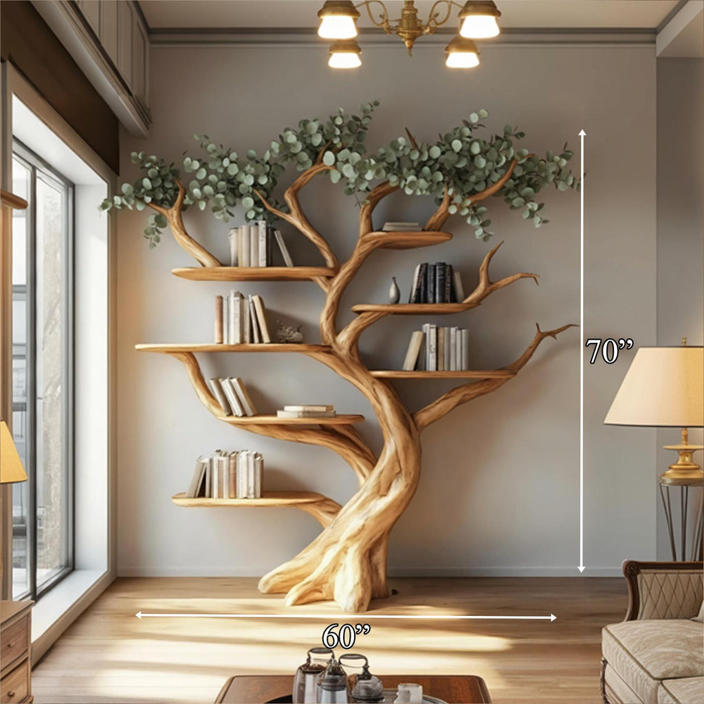 Handcrafted Wood Tree Storage Bookcase, Floating Branch Wall Mounted Bookcase Statement Piece for Living Room