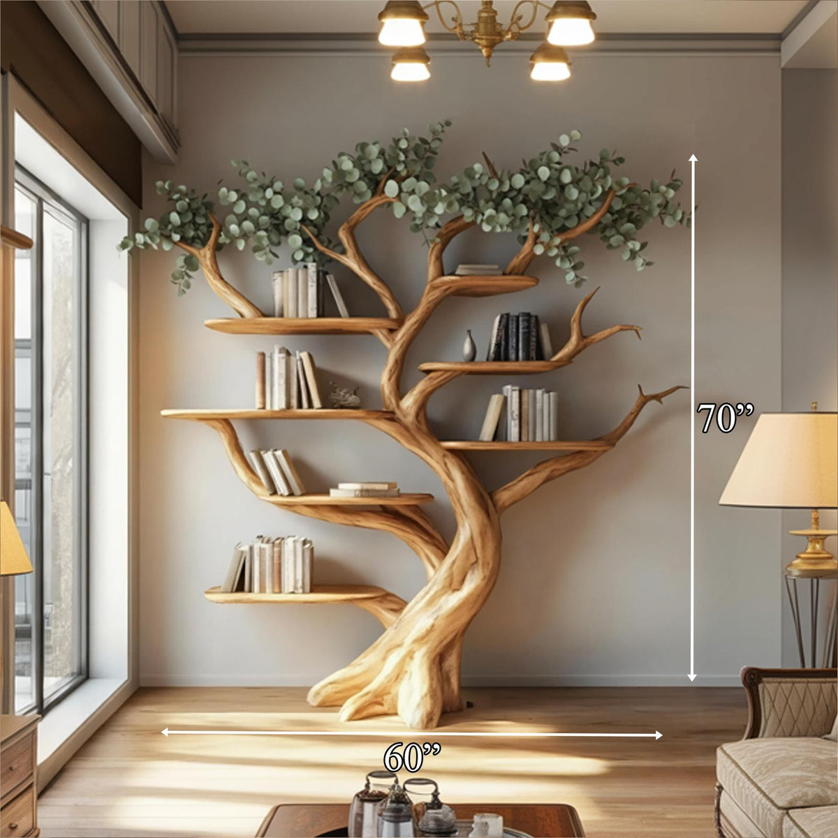 Handcrafted Wood Tree Storage Bookcase, Floating Branch Wall Mounted Bookcase Statement Piece for Living Room