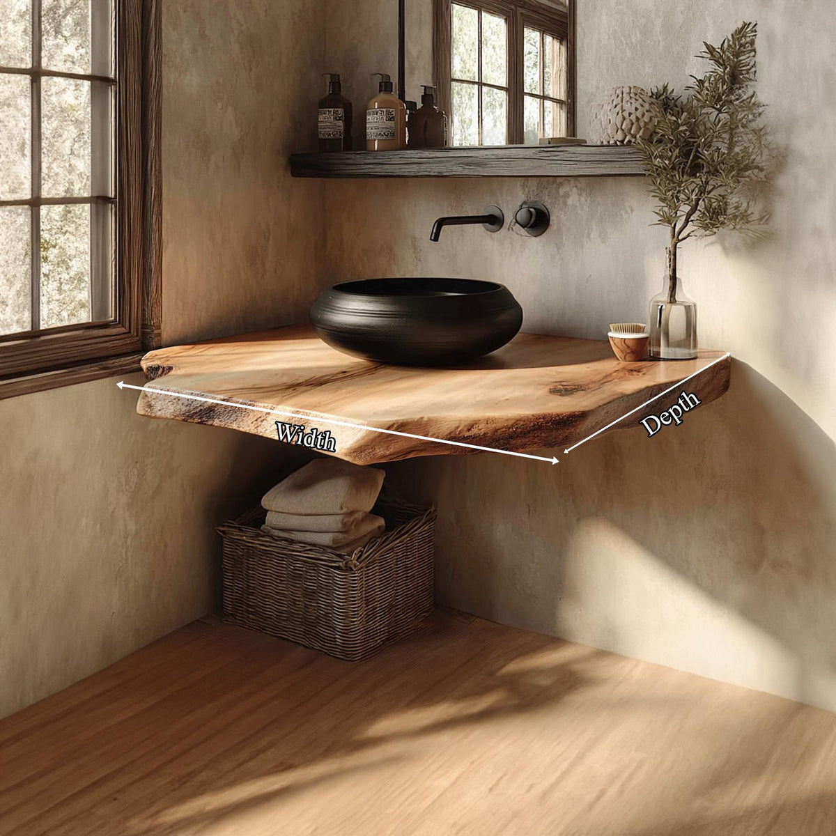 Mid Century Live Edge Wood Floating Shelf, Powder Room Vanity Natural Solid Wood Wall Shelf, Model