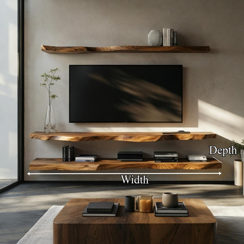Rustic Live Edge Floating Media Shelf Solid Wood Living Room Interior Wall Mounted